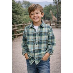 Cat And Jack Boys Button Down Shirt XL 14 Green Plaid Long Sleeve Casual